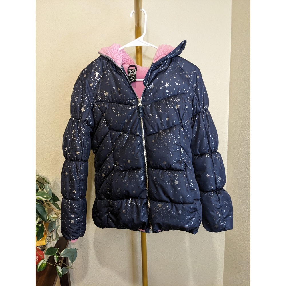 Celestial Puffer Jacket Navy Metallic Star Print Fleece Lined Hooded XL